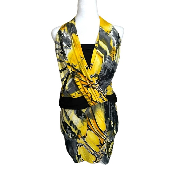 Vintage Cache Halter Mini Dress Womens Size Small Yellow Black - Picture 1 of 9